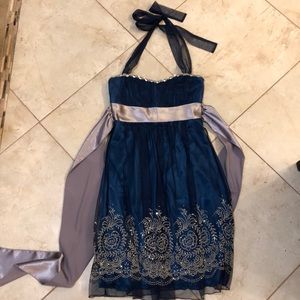 Dark blue halter dress with silver